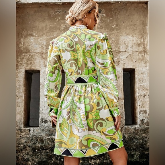 Pink Ripple Scroll Print Bishop Sleeve Shirt Dress Bus Casual NWT Size Small - Picture 9 of 10